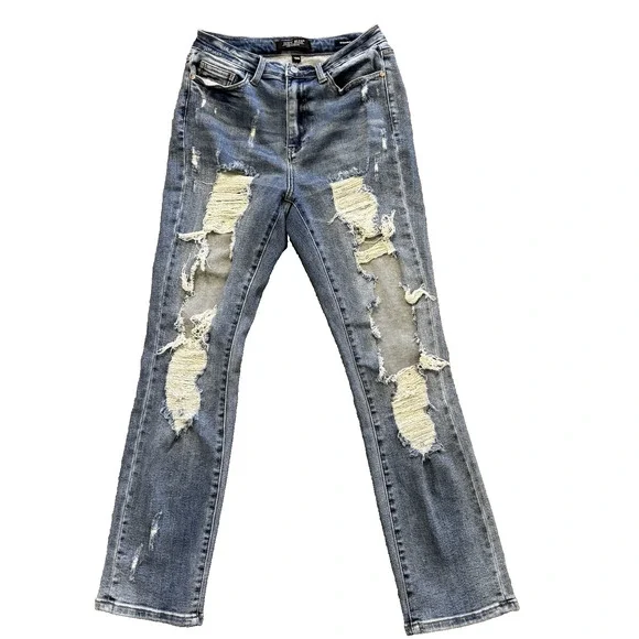 Judy Blue Distressed Shredded Jeans Straight Fit Size 7/28 Light Wash - Picture 2 of 16